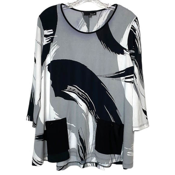 Sun Kim Tops - Sun Kim Top Artsy Abstract Black White Lagenlook Patch Pockets 3/4 Sleeves Sz S